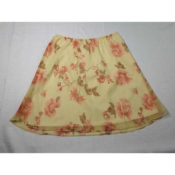 Vintage Floral A-Line Skirt Size 9/10 Yellow Peach Sheer Overlay Romantic Cottag - Picture 1 of 6